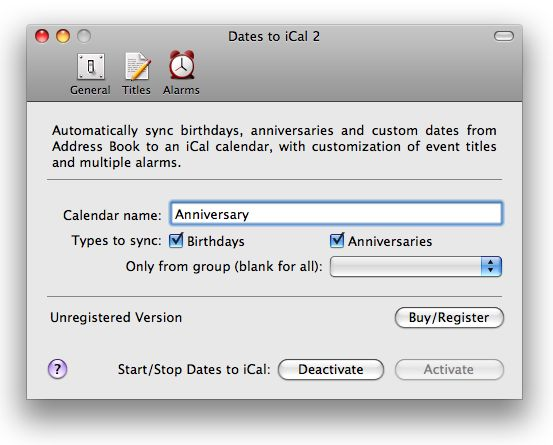 Dates to iCal 2.4.1 Mac software screenshot