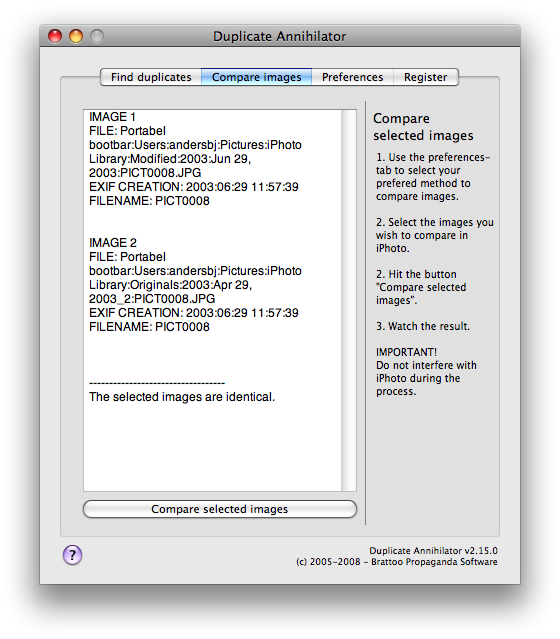 Duplicate Annihilator for iPhoto 4.22.1 Mac software screenshot