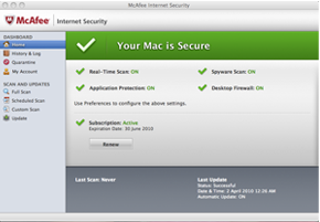 McAfee VirusScan 9.5.0 Mac software screenshot
