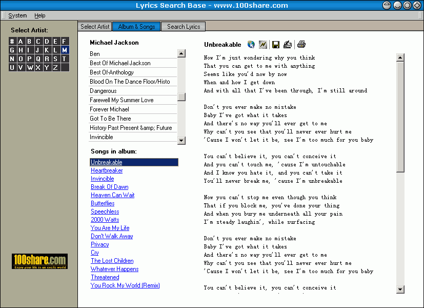 100Share.com Lyrics Base 1.7.0 software screenshot