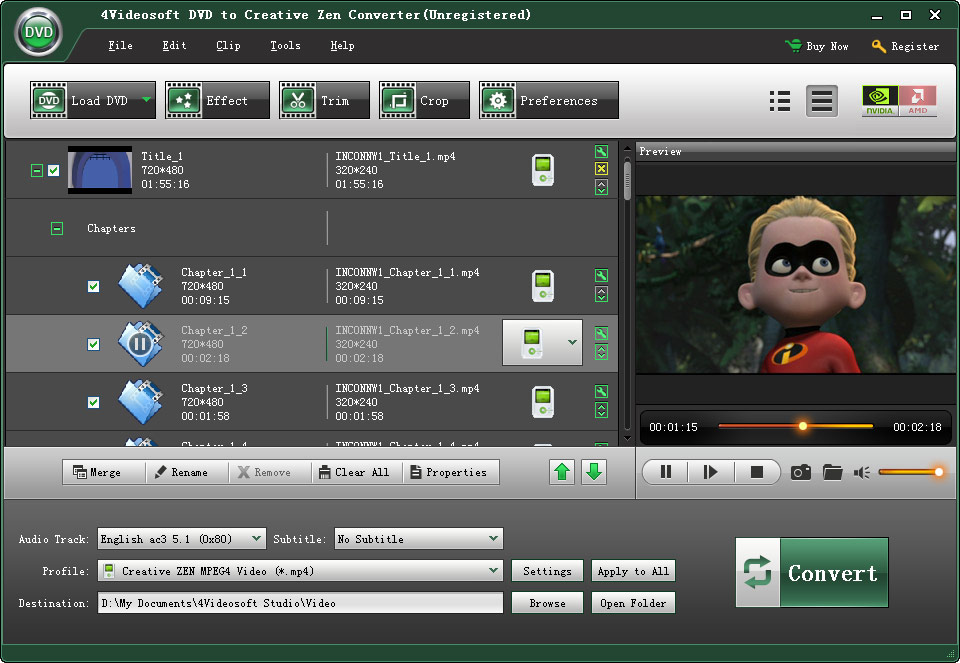 4Videosoft DVD to Creative Zen Converter 3.2.16 software screenshot