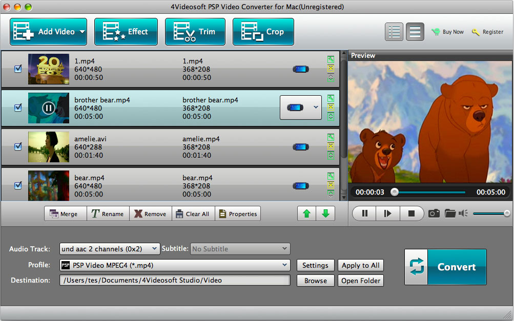 4Videosoft PSP Video Converter for Mac 3.1.06 software screenshot