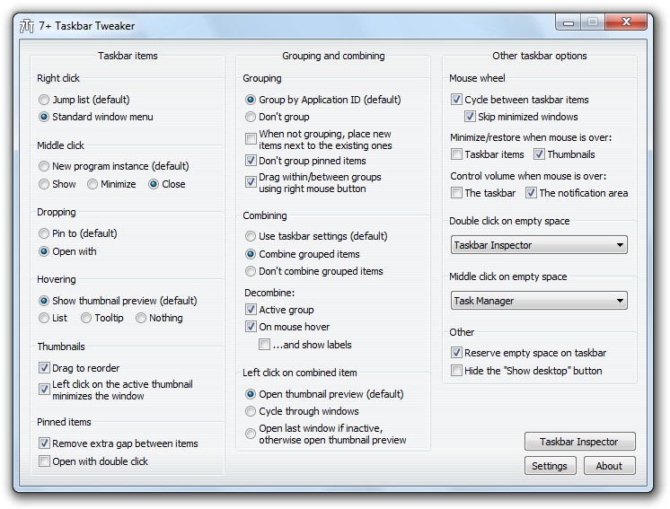 7+ Taskbar Tweaker 5.2.1 software screenshot