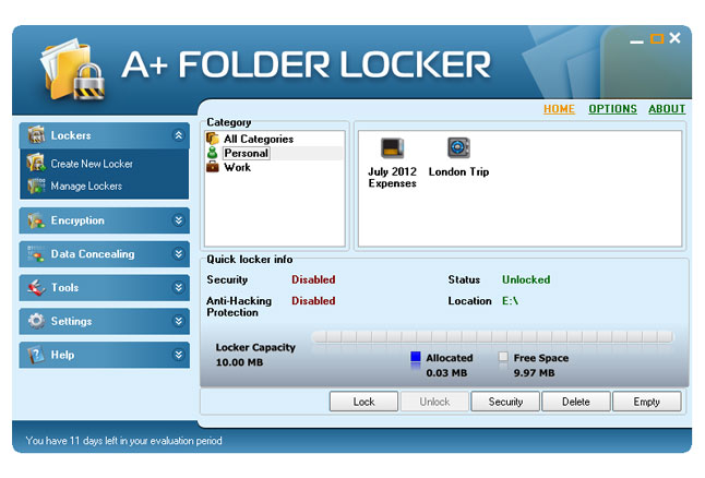A+ Folder Locker 1.1 software screenshot