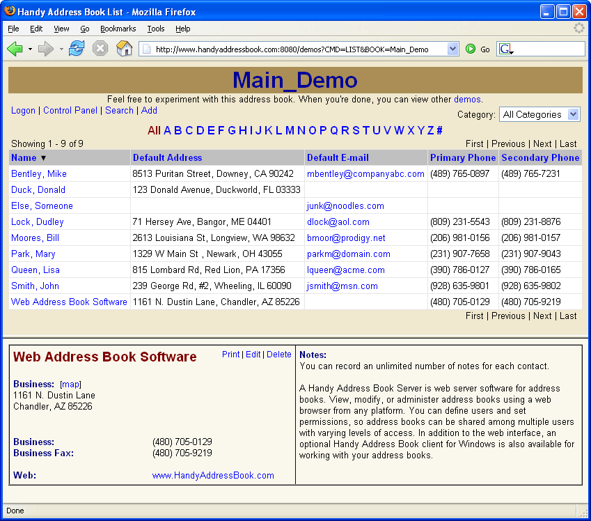 A Handy Address Book Server 3.5.0 software screenshot