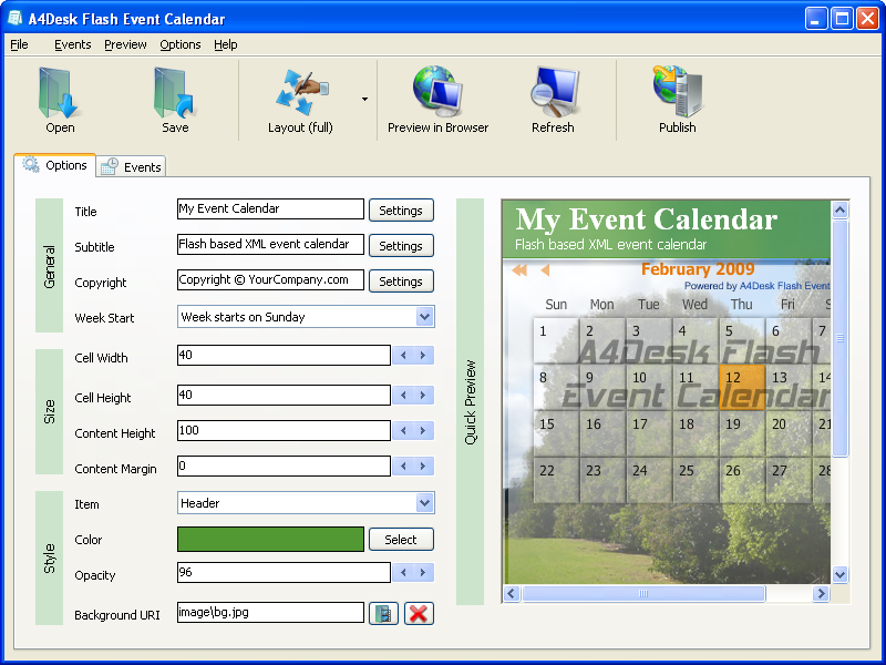 A4Desk Flash Event Calendar 2.40 software screenshot