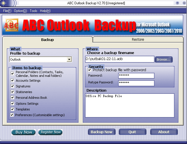 ABC Outlook Backup 3.20 software screenshot