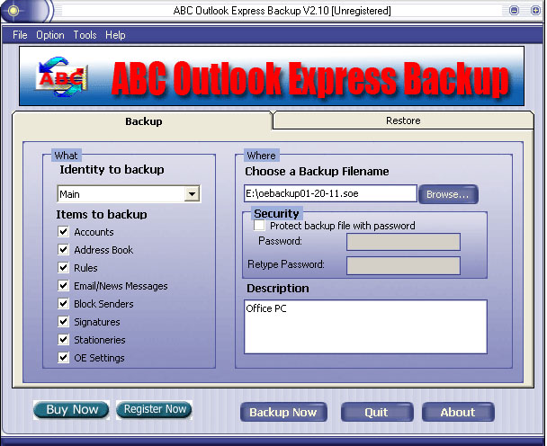 ABC Outlook Express Backup 2.30 software screenshot