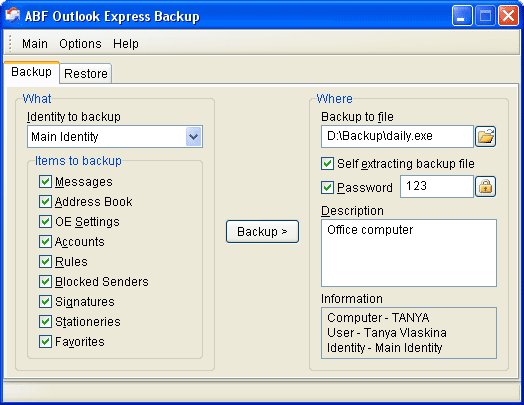 ABF Outlook Express Backup 2.75 software screenshot