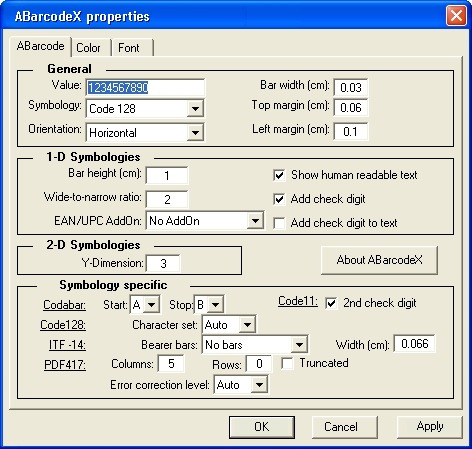 ABarcode ActiveX 1.2.1 software screenshot