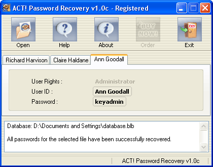 ACT Password Recovery 1.0H software screenshot
