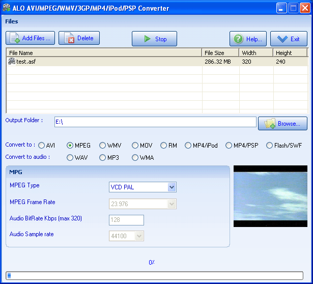 ALO AVI MPEG WMV 3GP MP4 iPod PSP Converter 8.0.9 software screenshot
