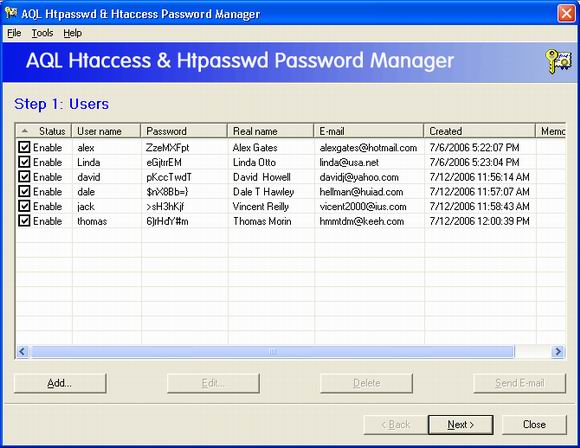 AQL htpasswd & htaccess Password Manager 2.40 software screenshot