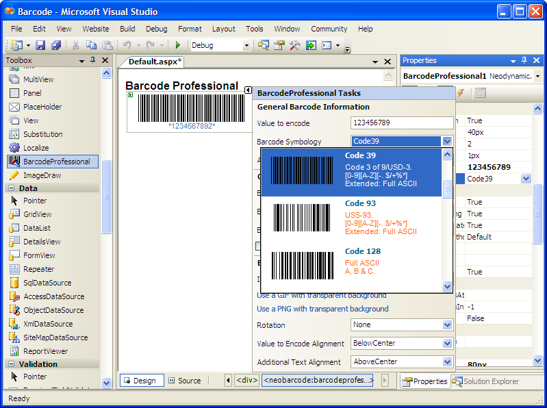 ASP.NET Barcode Professional 7.0 software screenshot