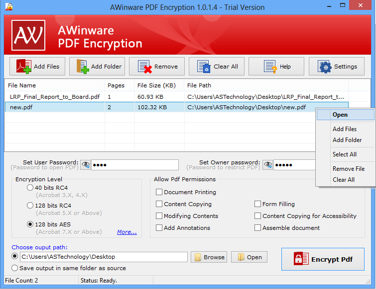 AWinware PDF Encryption 1.0.1.4 software screenshot