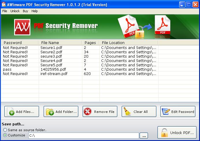 AWinware PDF Security Remover 1.0.1.5 software screenshot