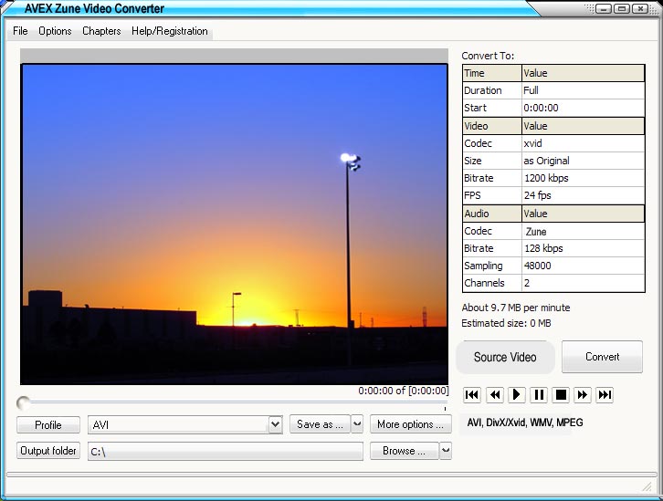 Aavx Zune Video Convert 1.8.5.1345 software screenshot