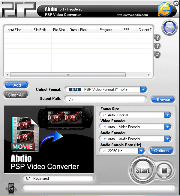 Abdio PSP Video Converter 6.67 software screenshot