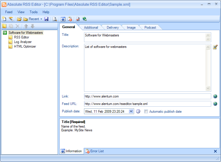 Absolute RSS Editor 1.11 software screenshot