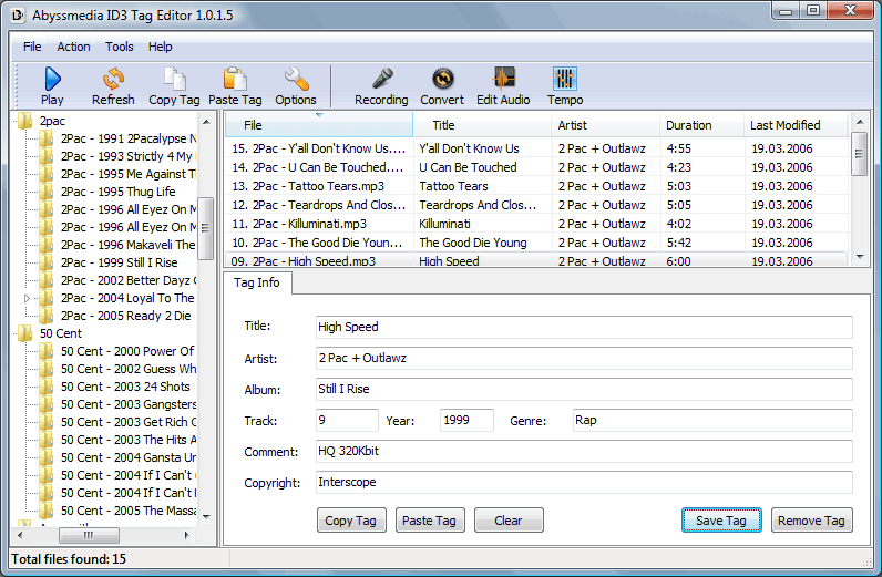 Abyssmedia ID3 Tag Editor 2.5.0.0 software screenshot