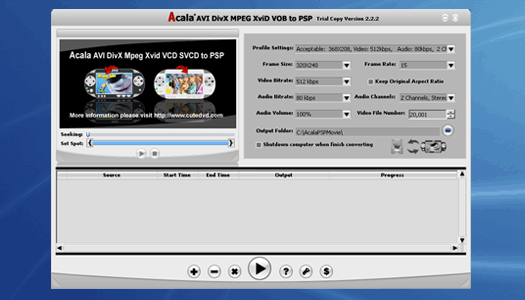Acala AVI DivX MPEG XviD VOB to PSP 4.1.5 software screenshot