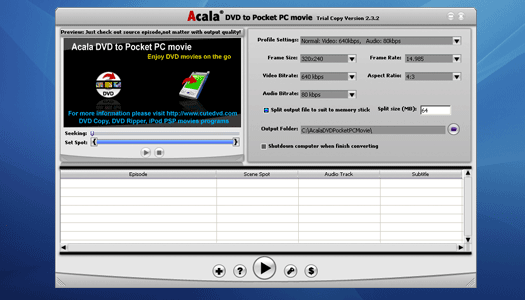 Acala DVD to Pocket PC Movie 4.1.2 software screenshot