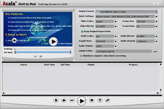 Acala DivX to iPod 4.2.8 software screenshot