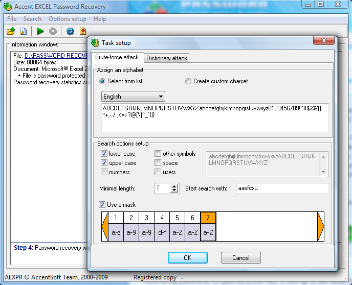 Accent EXCEL Password Recovery 7.80.3354 software screenshot