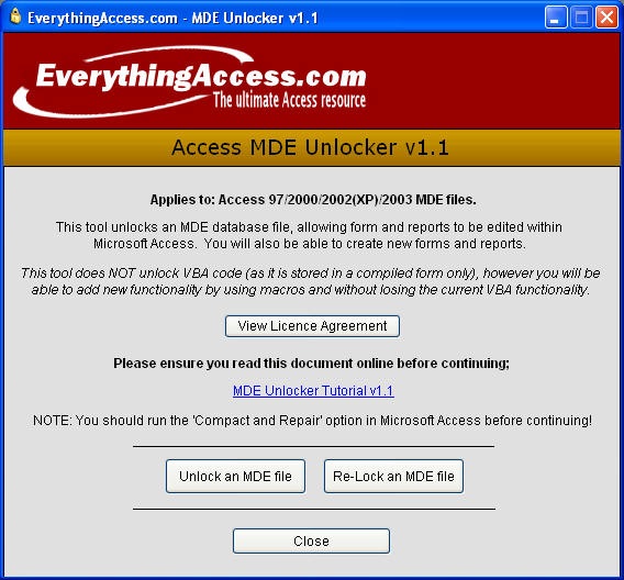 Access MDE Unlocker 3.20 software screenshot
