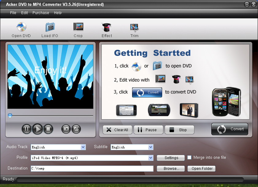 Acker DVD to MP4 Converter 3.5.32 software screenshot