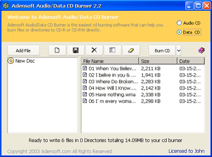 Adensoft Audio/Data CD Burner 3.0 software screenshot