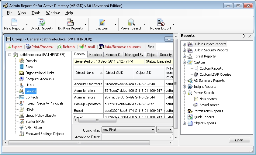 Admin Report Kit for Active Directory (ARKAD) 8.5 software screenshot