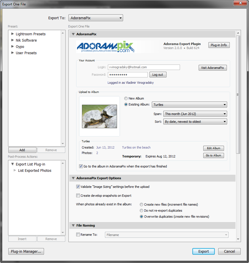 AdoramaPix Export Plugin 3.4.3 software screenshot
