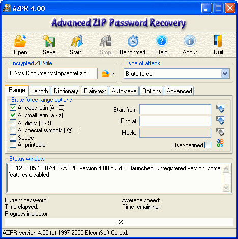 Advanced Archive Password Recovery 3.01 software screenshot