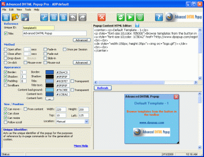 Advanced DHTML Popup Pro 3.10.09 software screenshot