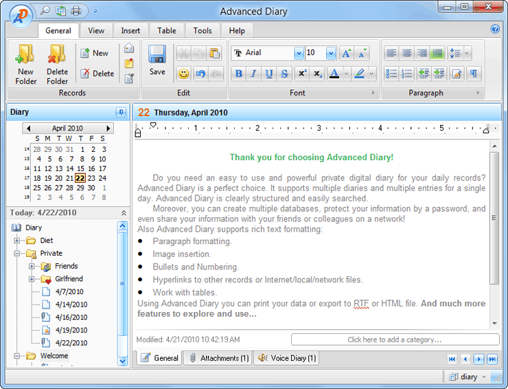 Advanced Diary 4.1.0 software screenshot