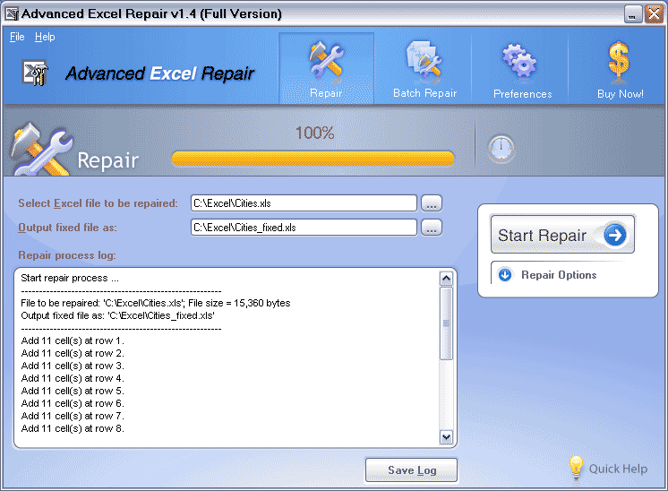 Advanced Excel Repair 1.4 software screenshot