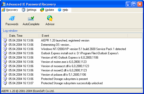 Advanced IE Password Recovery 1.20 software screenshot