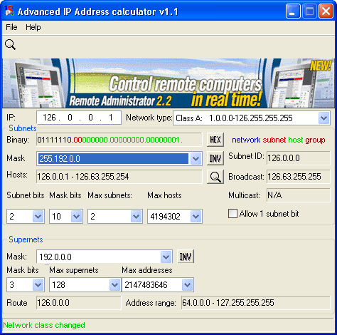 Advanced IP Address Calculator 1.1 software screenshot