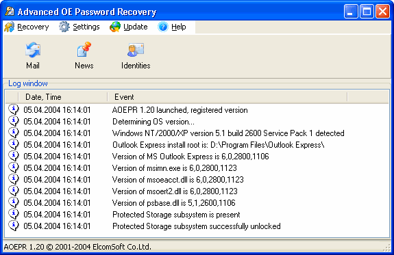 Advanced Outlook Express Password Recovery 1.20 software screenshot