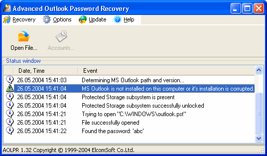 Advanced Outlook Password Recovery 1.34 software screenshot