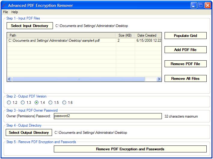 Advanced PDF Encryption Remover 1.7 software screenshot