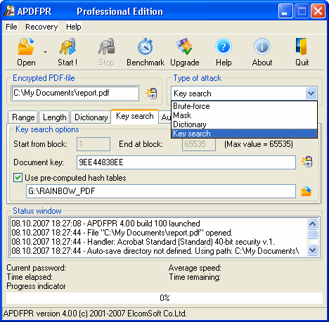Advanced PDF Password Recovery 5.04 software screenshot