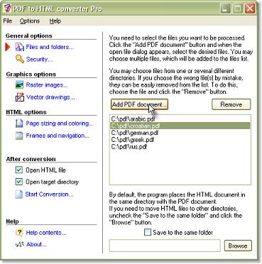 Advanced PDF to HTML converter 1.9.9.16 software screenshot