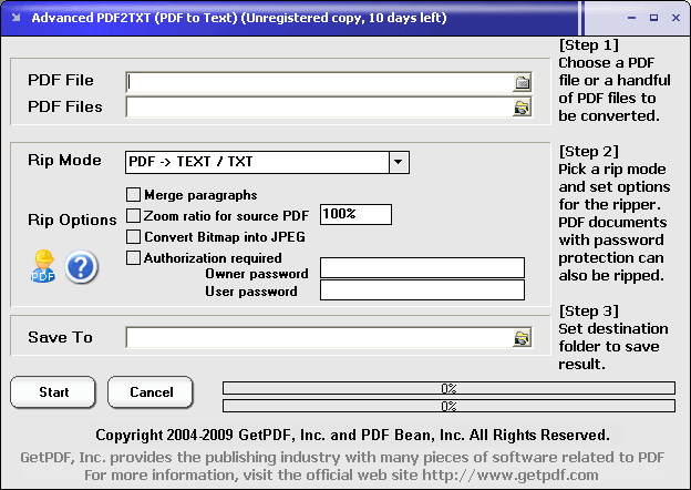 Advanced PDF2TXT (PDF to Text) 2.01 software screenshot