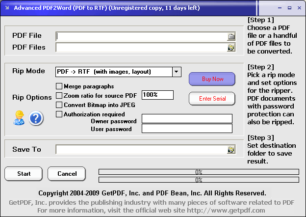 Advanced PDF2Word 3.0.0.772 software screenshot
