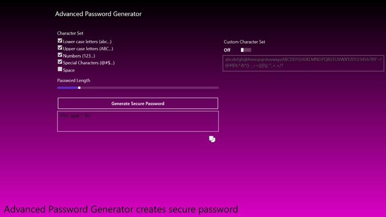 Advanced Password Generator for Windows 8 1.0.0.0 software screenshot