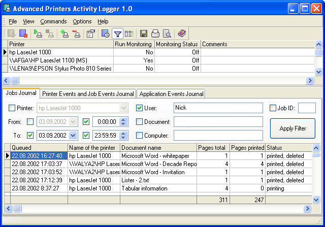Advanced Printers Activity Logger 1.2 software screenshot