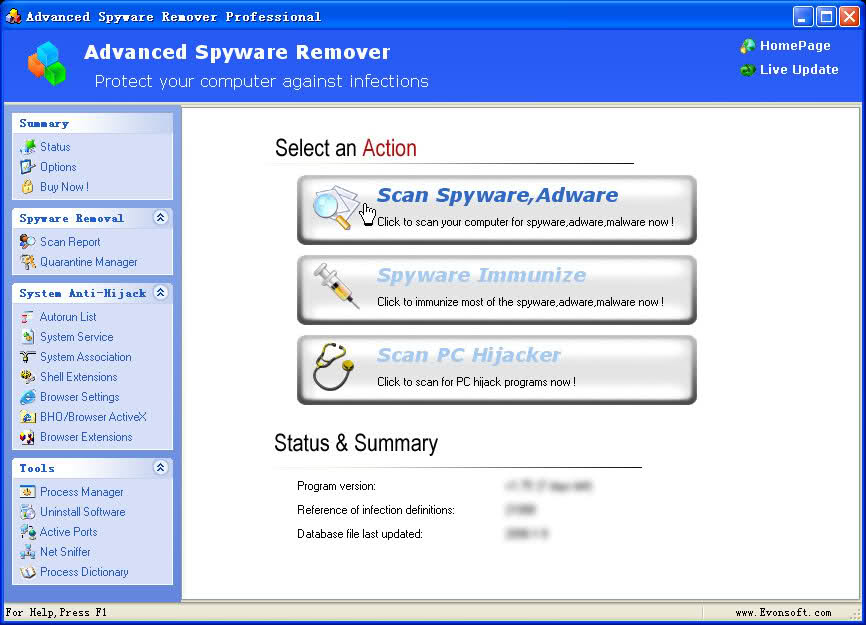 Advanced Spyware Remover Pro - Junk Remover 2.9 software screenshot