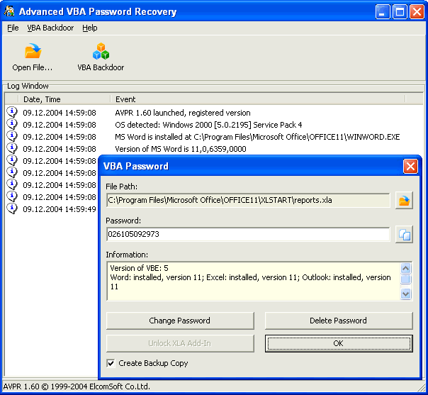 Advanced VBA Password Recovery 1.60 software screenshot